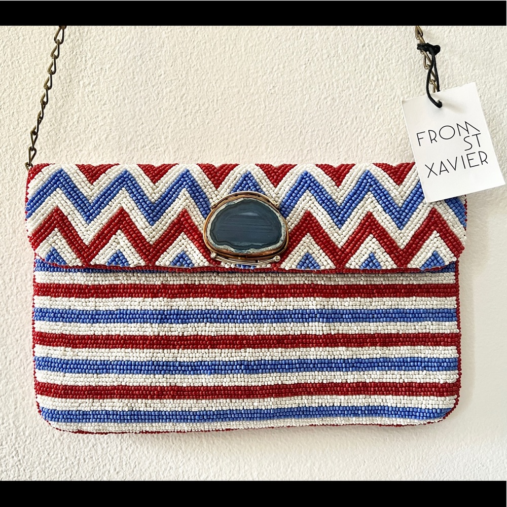 NWT From St. Xavier Beaded “Aiysha” Clutch/Crossbody w/ Real Agate